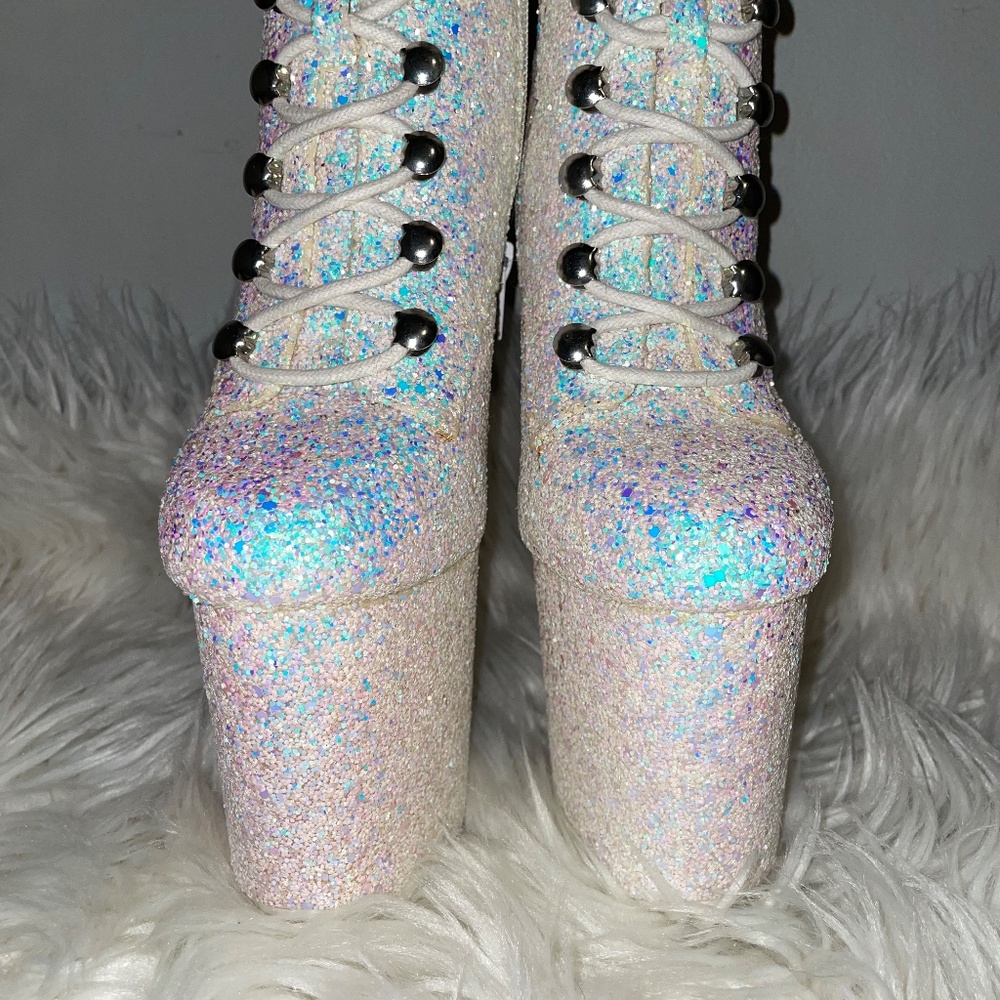 YRU MYA STAR WHITE GLITTER PLATFORM Stripper Dancewear BOOTS HEELS  XTRA Size 5 - Picture 6 of 16